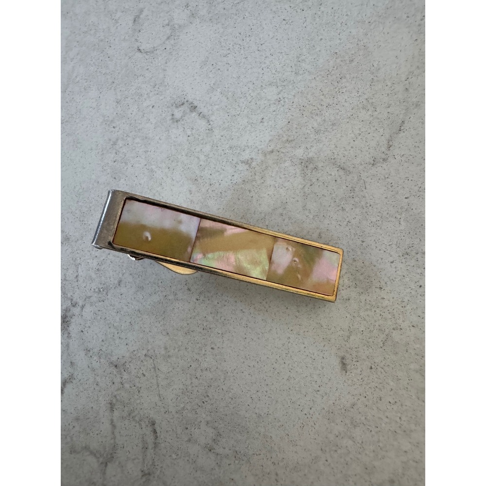 Vintage Mother of Pearl Tie Clip Gold Tone Iridescent Shell Men Accessory